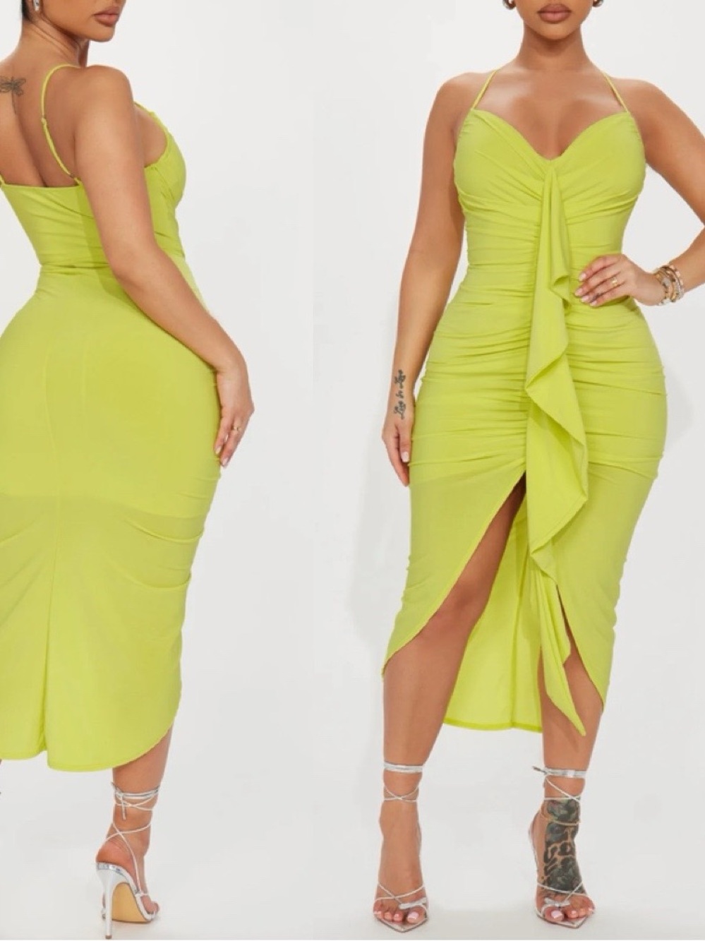 Fashion Nova Gloria Lime Green Ruched Ruffle Front Midi Dress